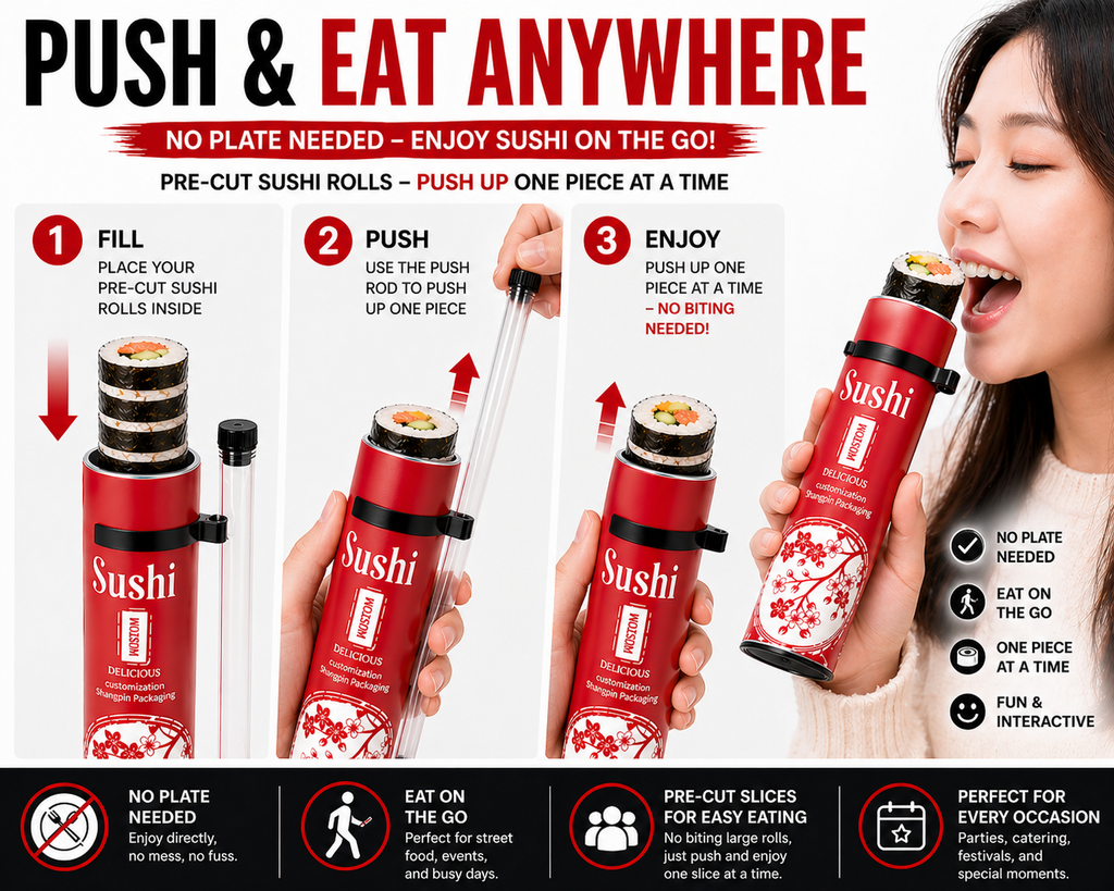 Portable Sushi Tube – Push-Up Sushi Container with Sauce Tube, No-Hands Sushi Eating for Travel, Party & Takeout (12 Pack)