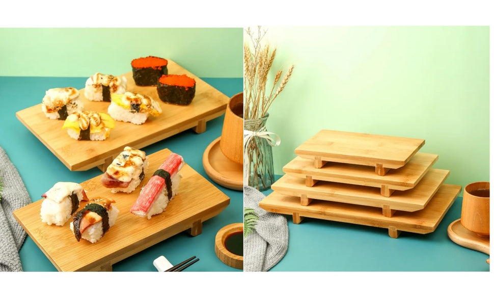 Bamboo Sushi Plate – Japanese Style Sushi Serving Tray & Sashimi Platter, Natural Eco-Friendly Bamboo Tableware (11.81" x 7.87", Set of 2)