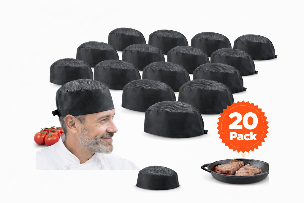 Chef Skull Cap 20-Pack – Adjustable & Breathable Mesh Chef Hats for Men & Women, Oil-Resistant Kitchen Cook Cap (Black)