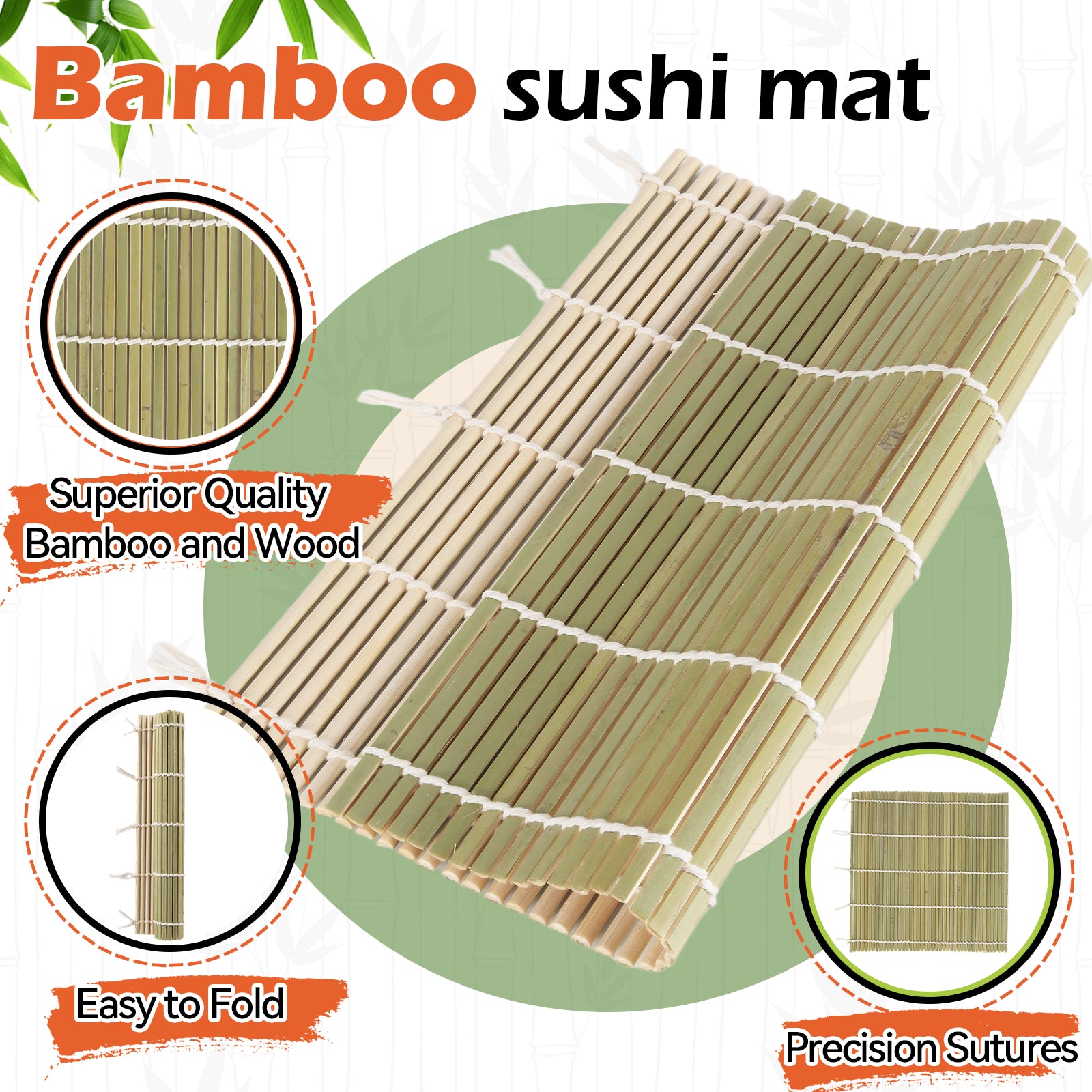 10PCS Bamboo Sushi Mat 9.5"x9.5" – Durable Sushi Rolling Mat, Tightly-Bound Design (Green)