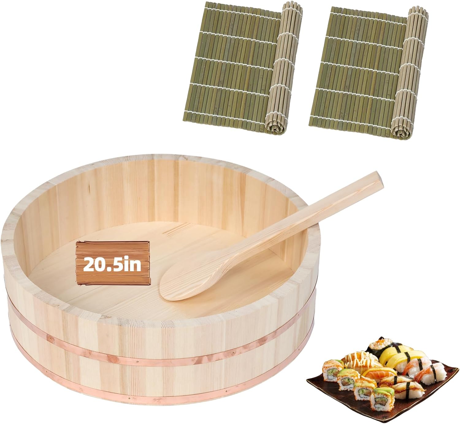 Professional Japanese Hangiri Sushi Rice Mixing Tub Set – Wooden Oke Bowl with Paddle & Makisu, Authentic Sushi Making Kit for Home & Restaurant (20.5 inch)