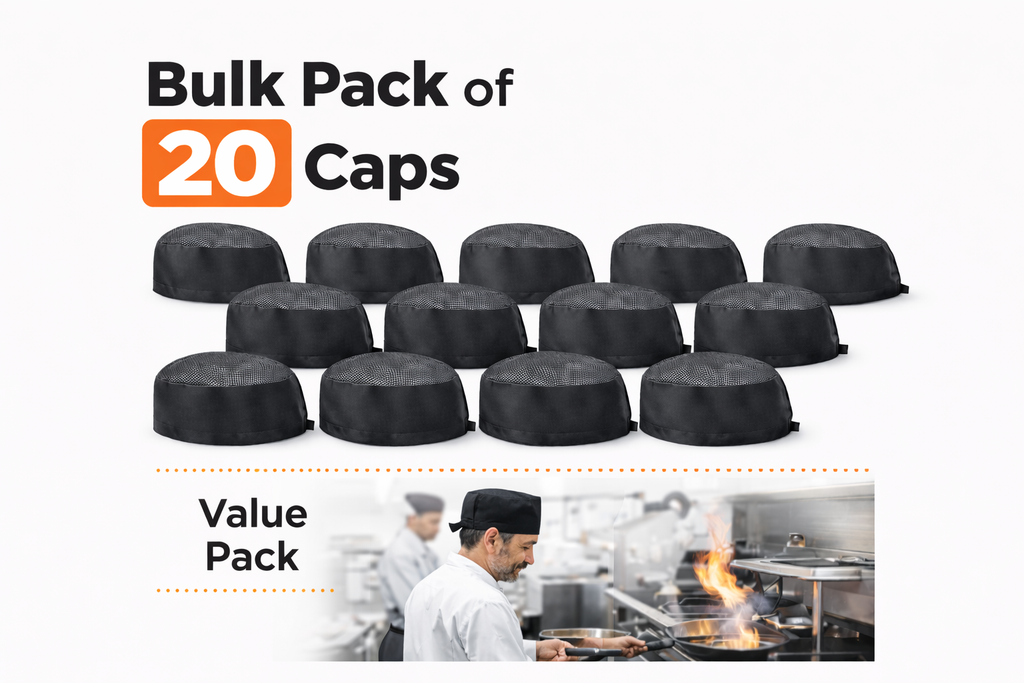Chef Skull Cap 20-Pack – Adjustable & Breathable Mesh Chef Hats for Men & Women, Oil-Resistant Kitchen Cook Cap (Black)