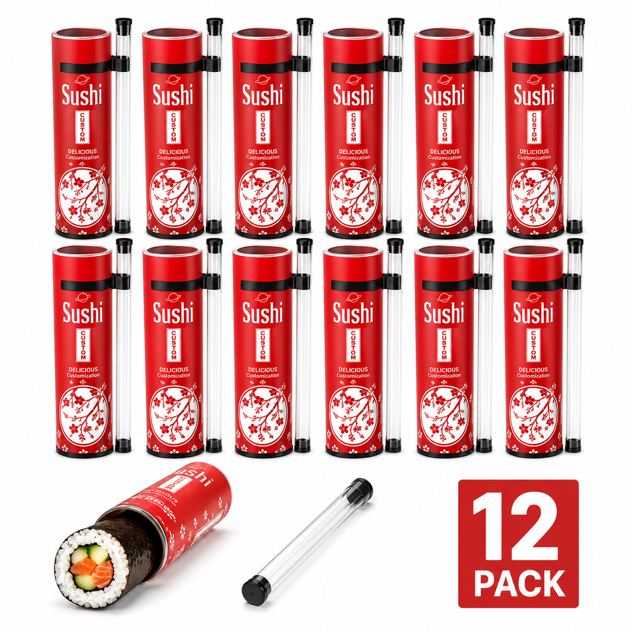 Portable Sushi Tube – Push-Up Sushi Container with Sauce Tube, No-Hands Sushi Eating for Travel, Party & Takeout (12 Pack)
