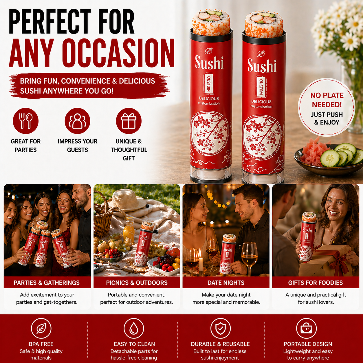 Portable Sushi Tube – Push-Up Sushi Container with Sauce Tube, No-Hands Sushi Eating for Travel, Party & Takeout (12 Pack)