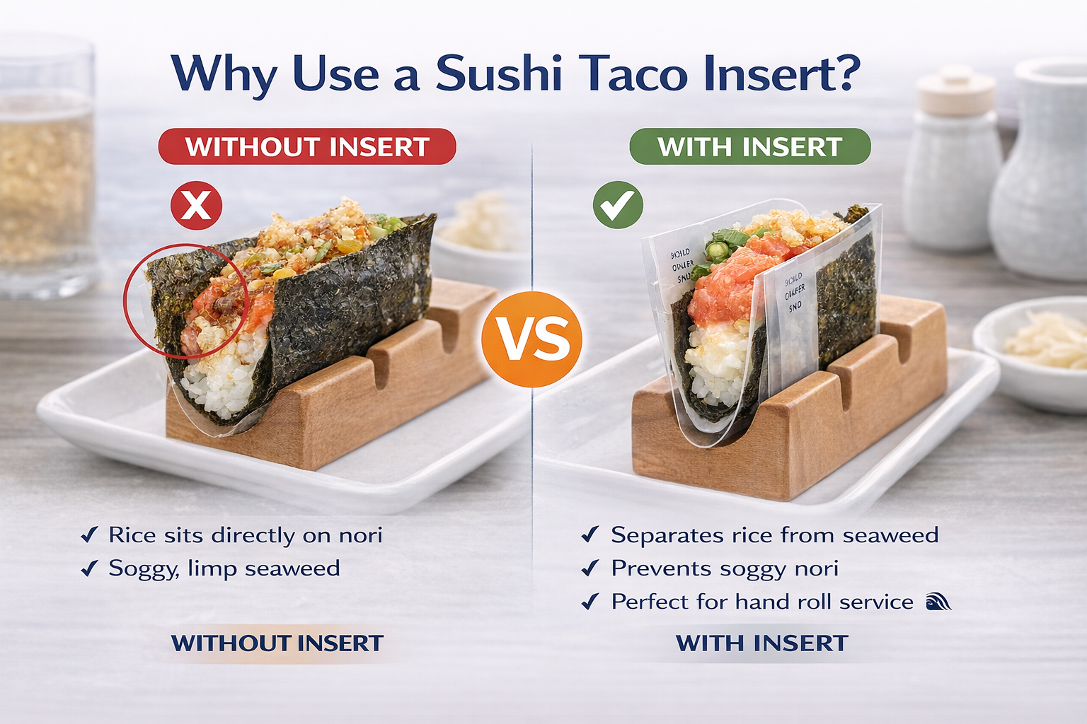 Sushi Taco Holder Inserts 500 pcs – Clear Plastic Hand Roll Liners for Sushi Tacos & Temaki, Nori Separator Keeps Seaweed Crispy, Disposable Food Safe Restaurant Supplies