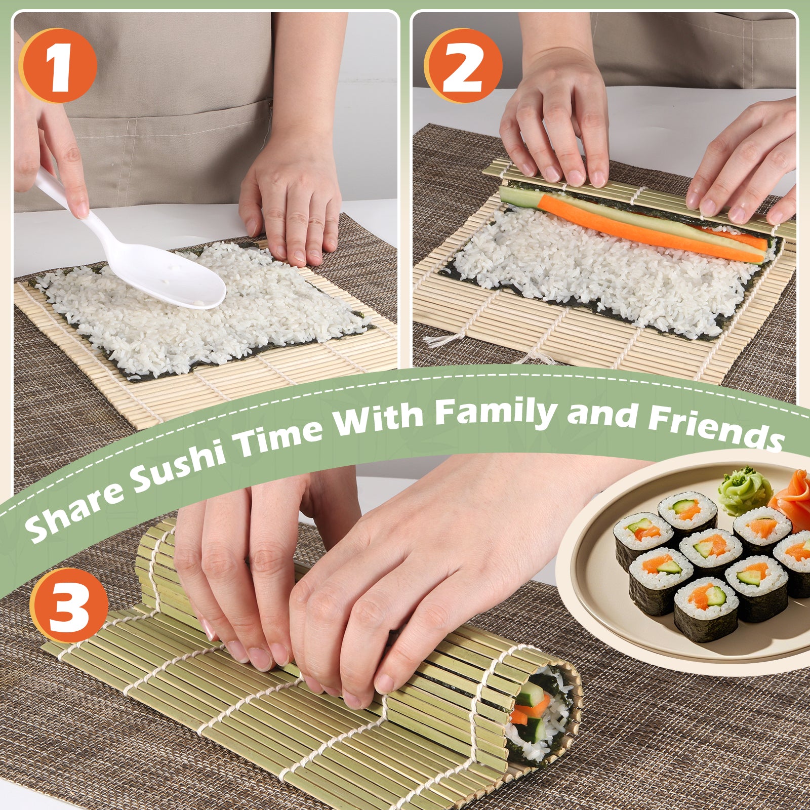 10PCS Bamboo Sushi Mat 9.5"x9.5" – Durable Sushi Rolling Mat, Tightly-Bound Design (Green)