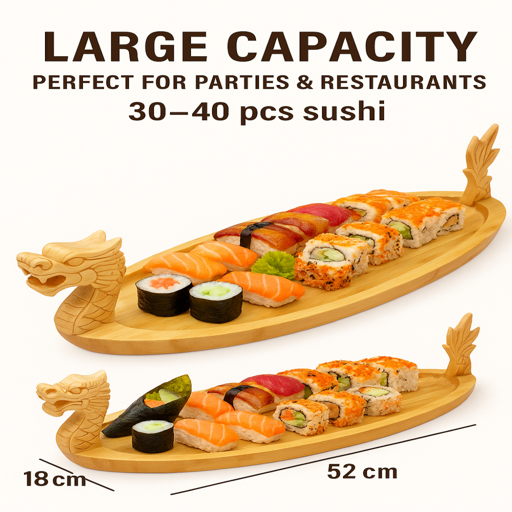 27.6" Bamboo Dragon Sushi Boat – Hand-Carved Wooden Sushi Serving Tray for 30–40 pcs, Large Party & Restaurant Display Platter