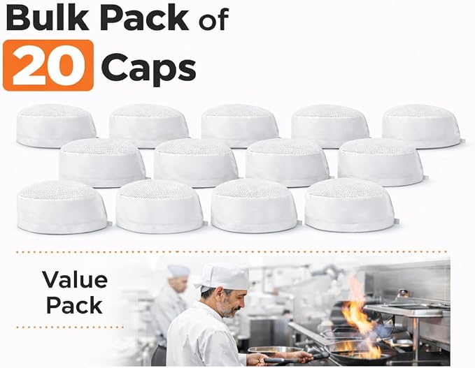 Chef Skull Cap 20-Pack – Adjustable & Breathable Mesh Chef Hats for Men & Women, Oil-Resistant Kitchen Cook Cap