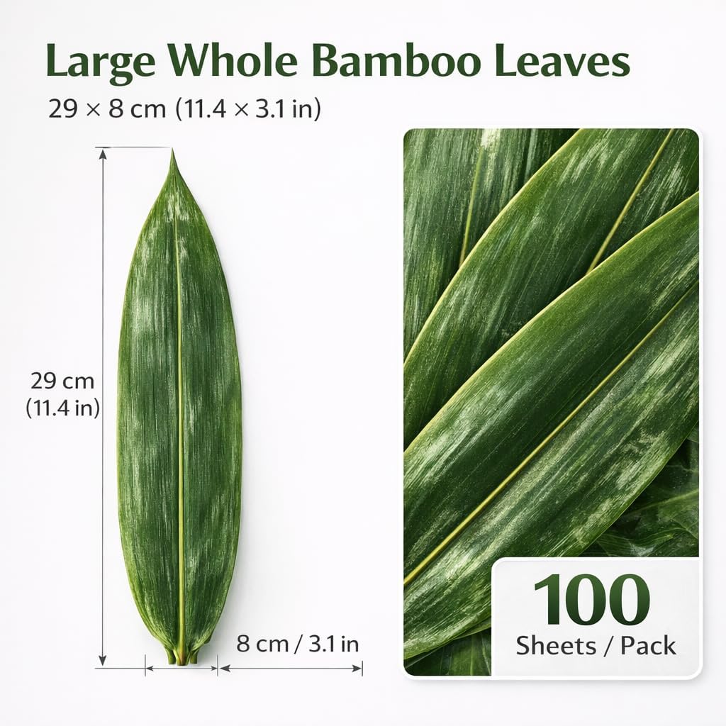 Sushi Bamboo Leaves – Natural Whole Bamboo Leaf Sheets, 100 Sheets (11.4" x 3.2"), Vacuum Sealed