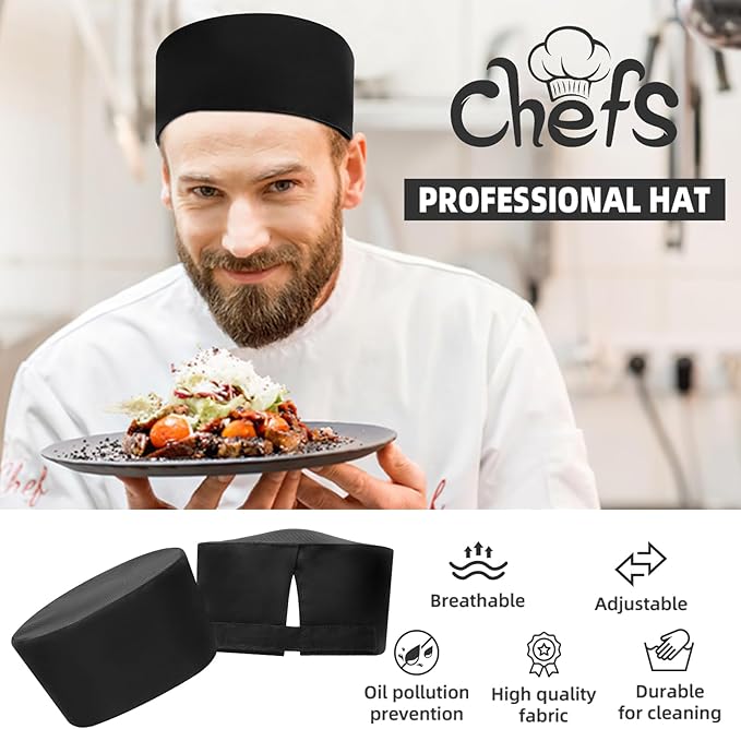 Chef Skull Cap 20-Pack – Adjustable & Breathable Mesh Chef Hats for Men & Women, Oil-Resistant Kitchen Cook Cap (Black)