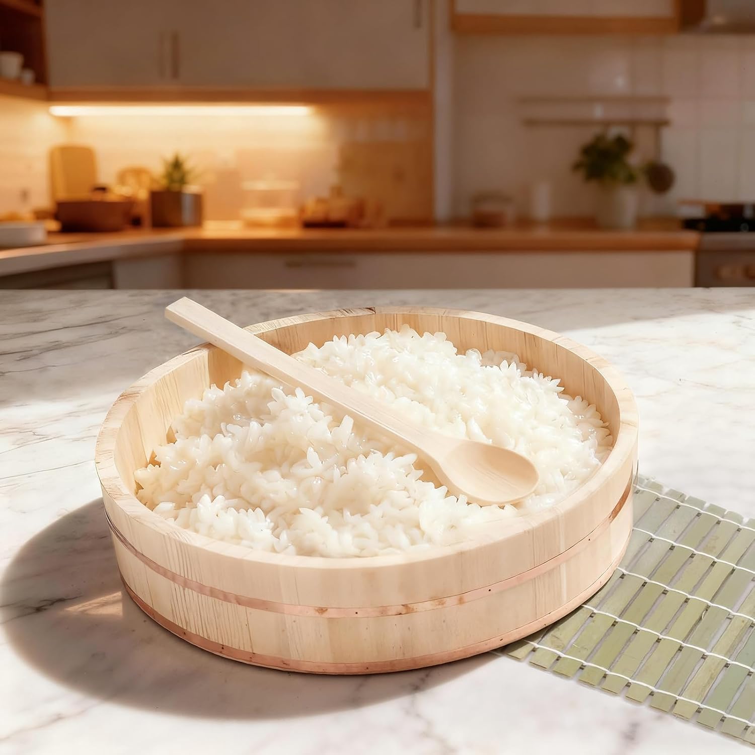 Professional Japanese Hangiri Sushi Rice Mixing Tub Set – Wooden Oke Bowl with Paddle & Makisu, Authentic Sushi Making Kit (11.8 inch)