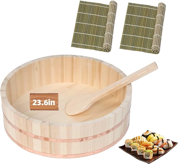 Professional Japanese Hangiri Sushi Rice Mixing Tub Set - Wooden Oke Bowl with Paddle & Makisu, Authentic Sushi Making Kit for Home & Restaurant (23.6' inch)