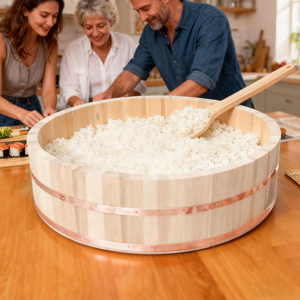Professional Japanese Hangiri Sushi Rice Mixing Tub Set - Wooden Oke Bowl with Paddle & Makisu, Authentic Sushi Making Kit for Home & Restaurant (23.6' inch)
