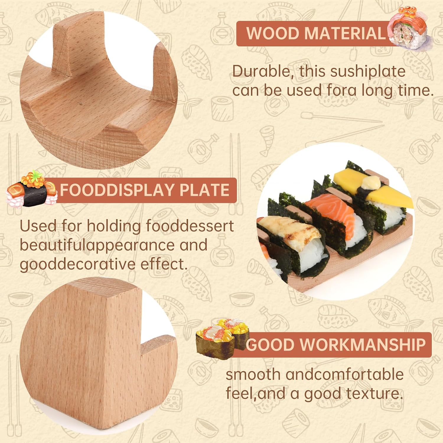 LEQC Wooden Taco Holder Stand for Sushi Hand Roll, Temaki & Sushi Roll – 1/2/3/5 Slot Sushi Display Tray, Natural Wood Serving Platter (10 pcs per Pack) (1 Slot (10 pcs))