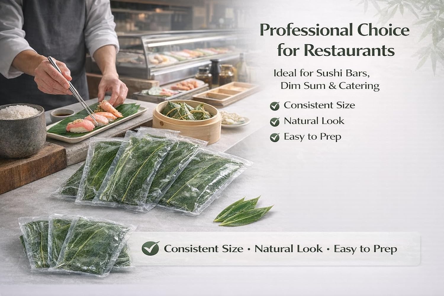 Sushi Bamboo Leaves – Natural Whole Bamboo Leaf Sheets, 500 Sheets (11.4" x 3.2"), Vacuum Sealed