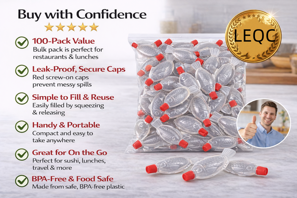 100 Pack Fish-Shaped Soy Sauce Squeeze Bottles – 8ml Mini Condiment Containers with Leak-Proof Caps, Refillable Plastic Sauce Bottles for Sushi, Bento & Takeout