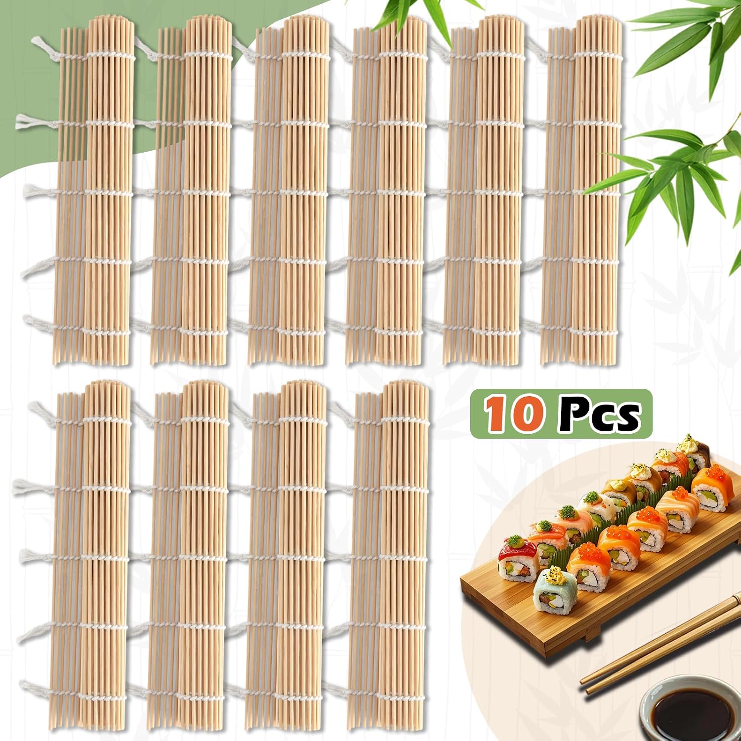 10PCS Sushi Rolling Mat 9.5"x9.5" – Durable Sushi Mat with Tightly-Bound Design for Home & Restaurant Use (White)