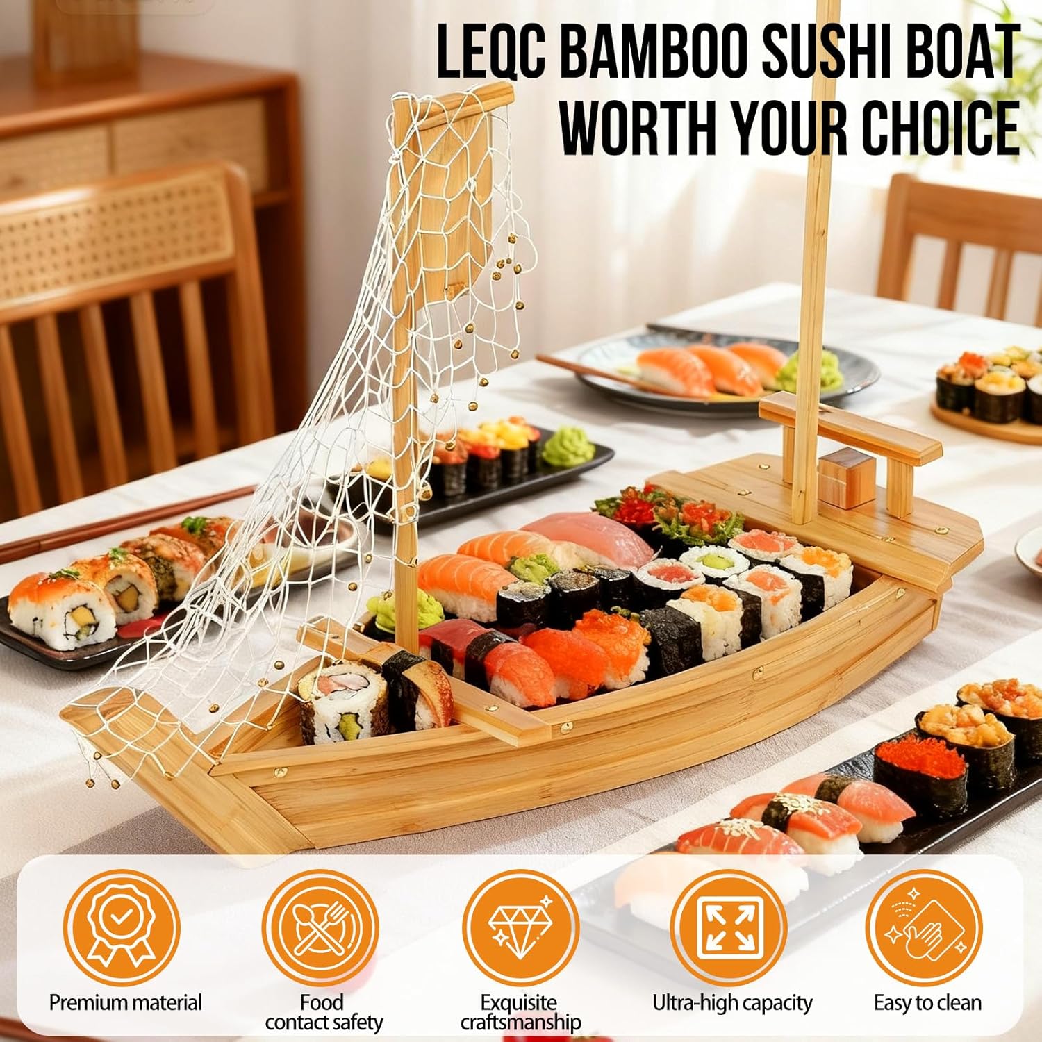 27.6 inch (70cm) Bamboo Sushi Boat Serving Tray, Sashimi Sushi Plate for Restaurant Plates Commercial, Extra Large Sushi Tray Serving Boat Plate for Restaurantware or Home