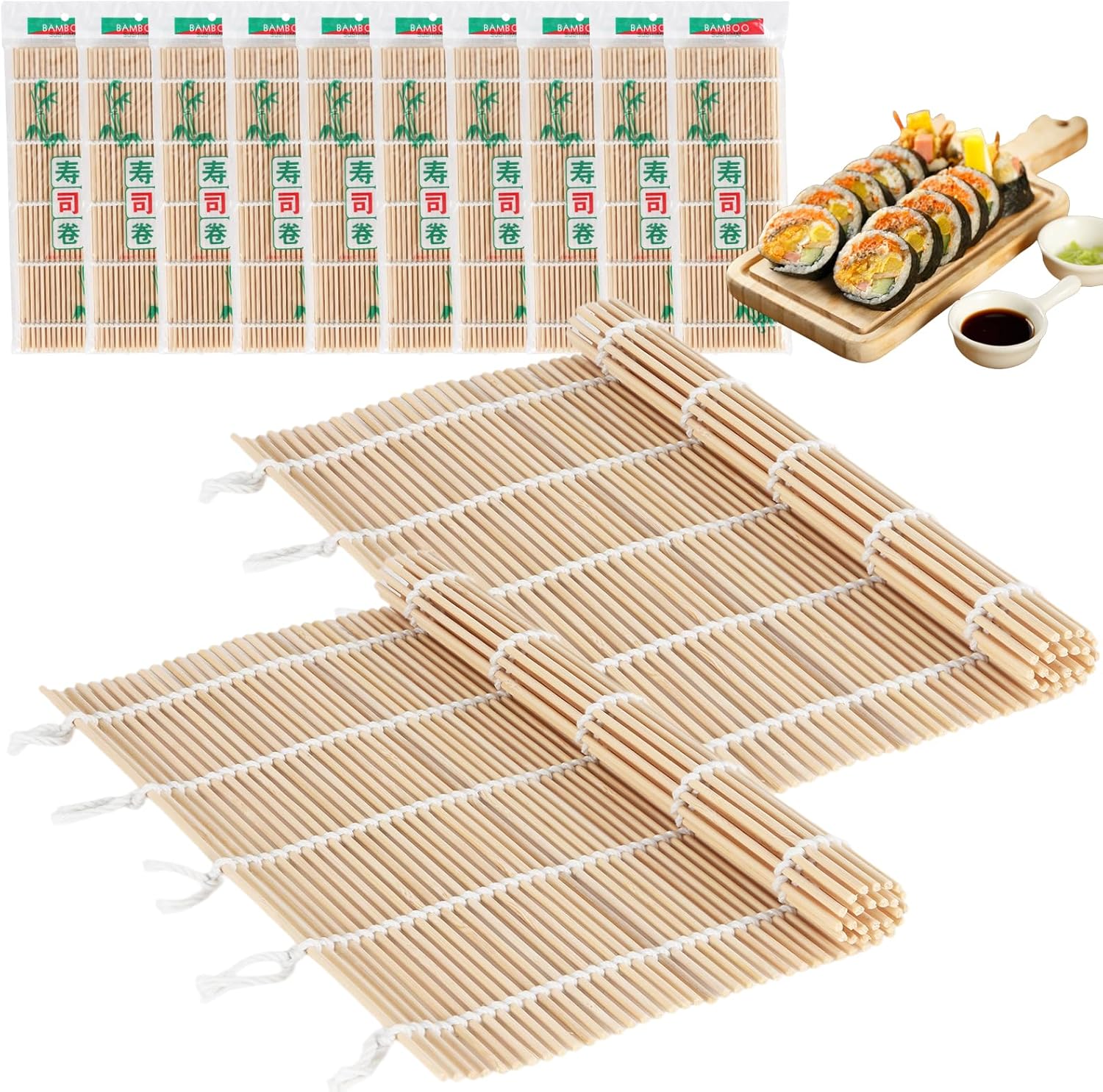 10PCS Sushi Rolling Mat 9.5"x9.5" – Durable Sushi Mat with Tightly-Bound Design for Home & Restaurant Use (White)