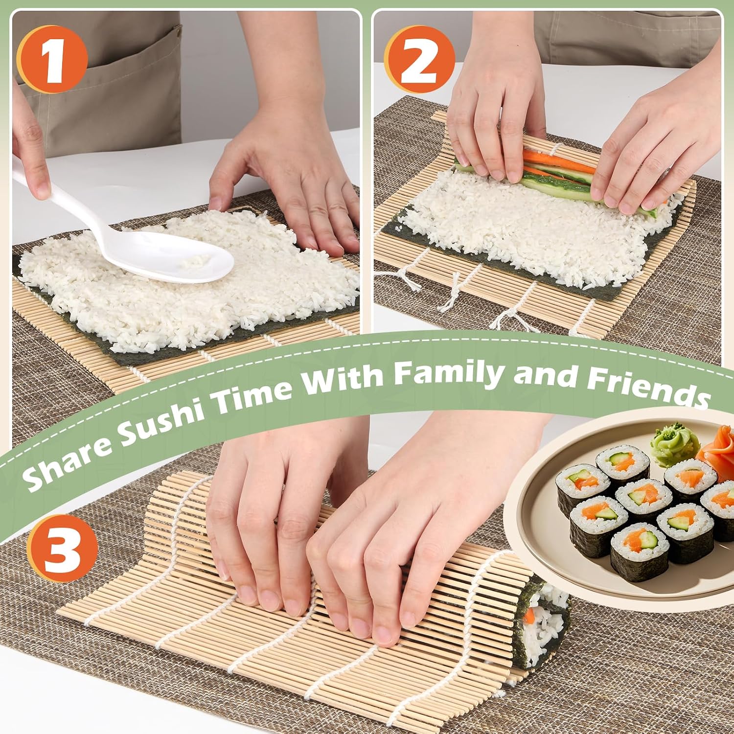 10PCS Sushi Rolling Mat 9.5"x9.5" – Durable Sushi Mat with Tightly-Bound Design for Home & Restaurant Use (White)
