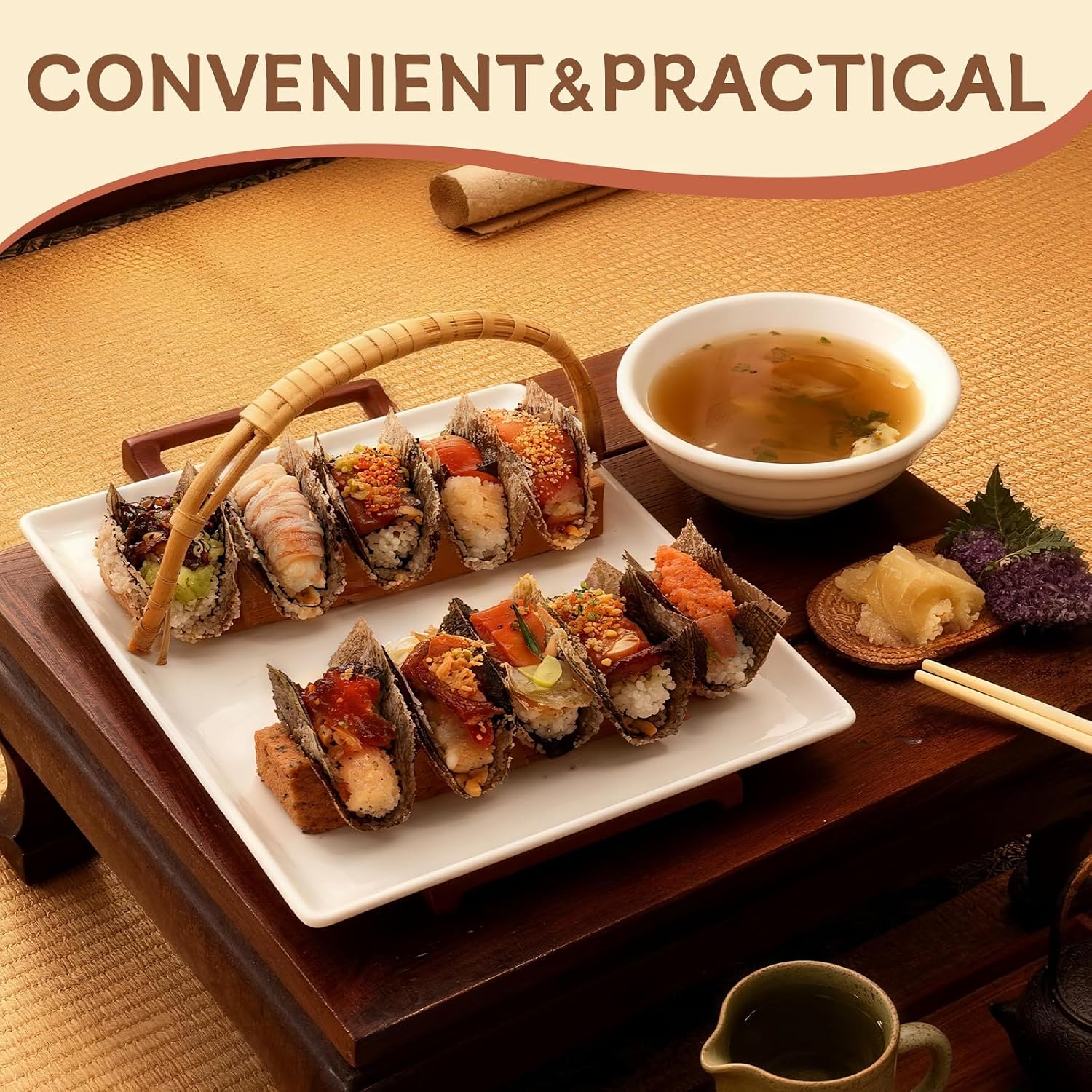 LEQC Wooden Taco Holder Stand for Sushi Hand Roll, Temaki & Sushi Roll – 1/2/3/5 Slot Sushi Display Tray, Natural Wood Serving Platter (10 pcs per Pack) (1 Slot (10 pcs))