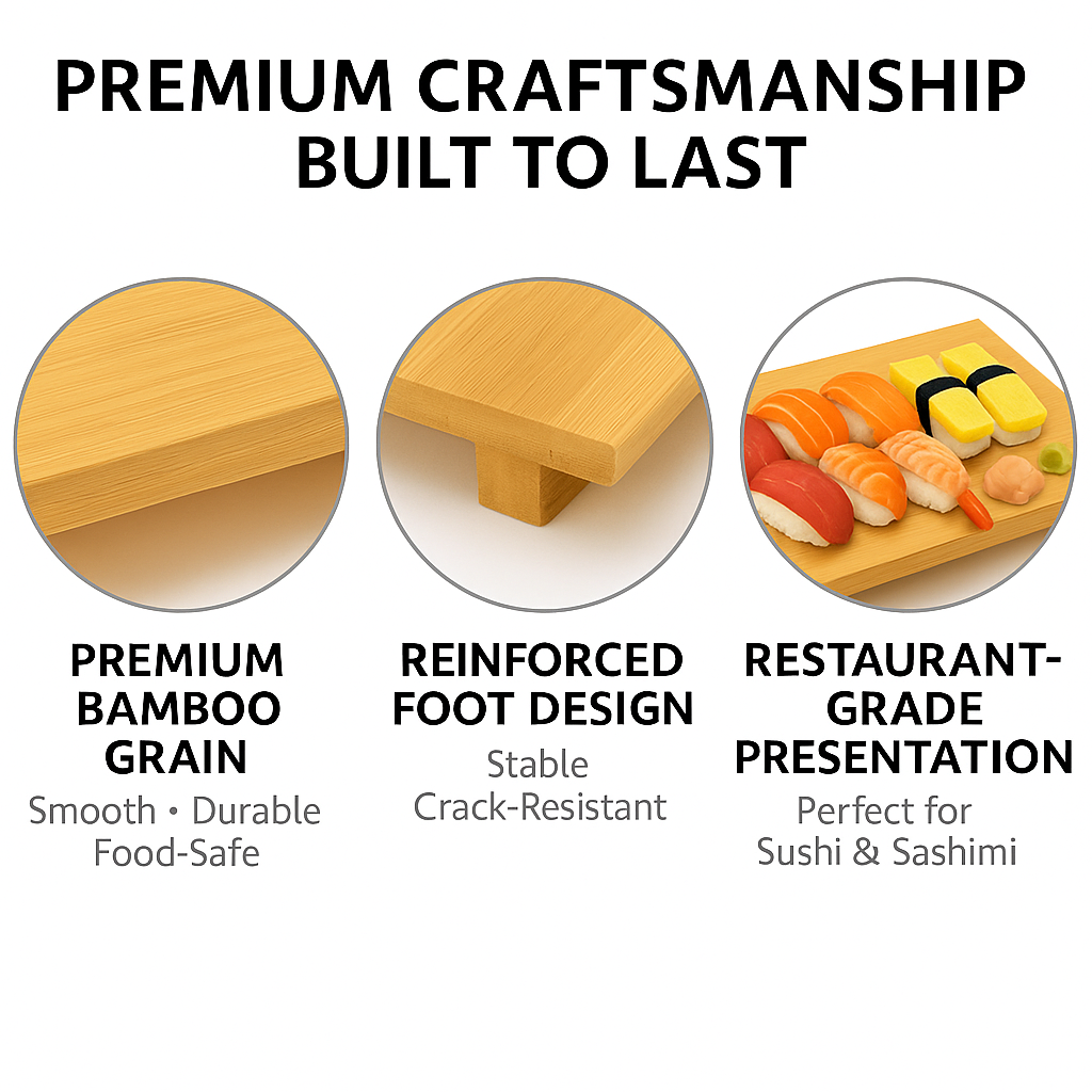 Bamboo Sushi Plate Japanese Style Sushi Serving Tray, Wooden Sushi Board & Sashimi Platter – Natural Eco-Friendly Bamboo Tableware for Sushi Rolls, Nigiri & Appetizers (10.63” × 7.09”, 2-Pack)