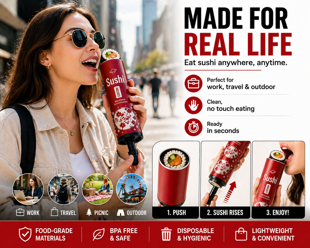 Portable Sushi Tube – Push-Up Sushi Container with Sauce Tube, No-Hands Sushi Eating for Travel, Party & Takeout (12 Pack)