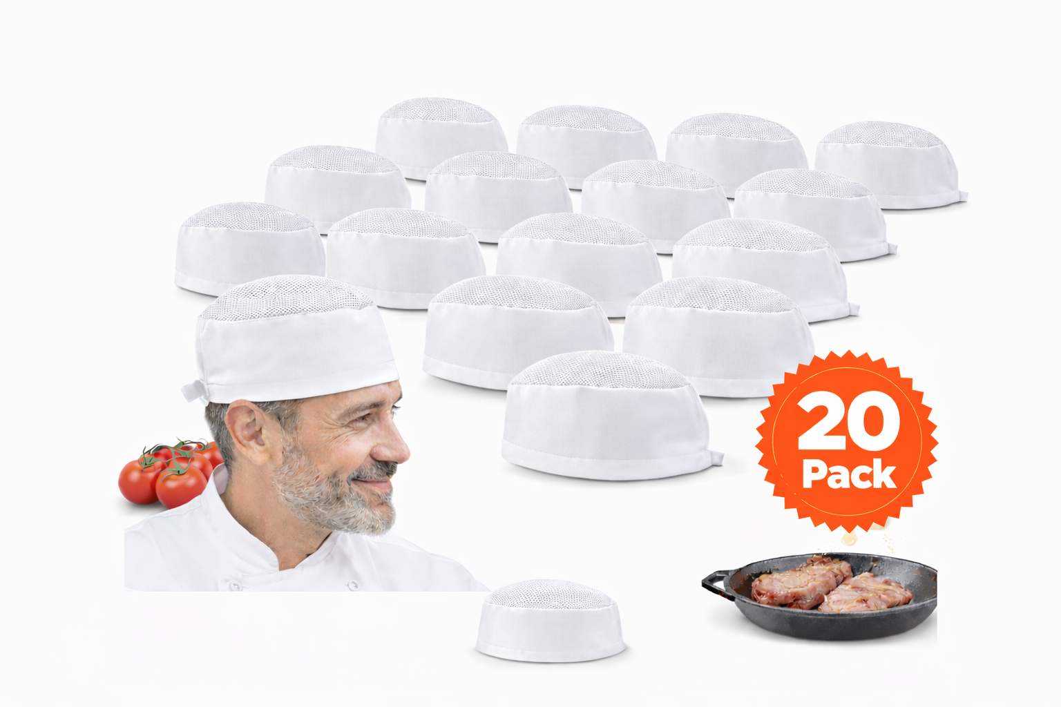 Chef Skull Cap 20-Pack – Adjustable & Breathable Mesh Chef Hats for Men & Women, Oil-Resistant Kitchen Cook Cap