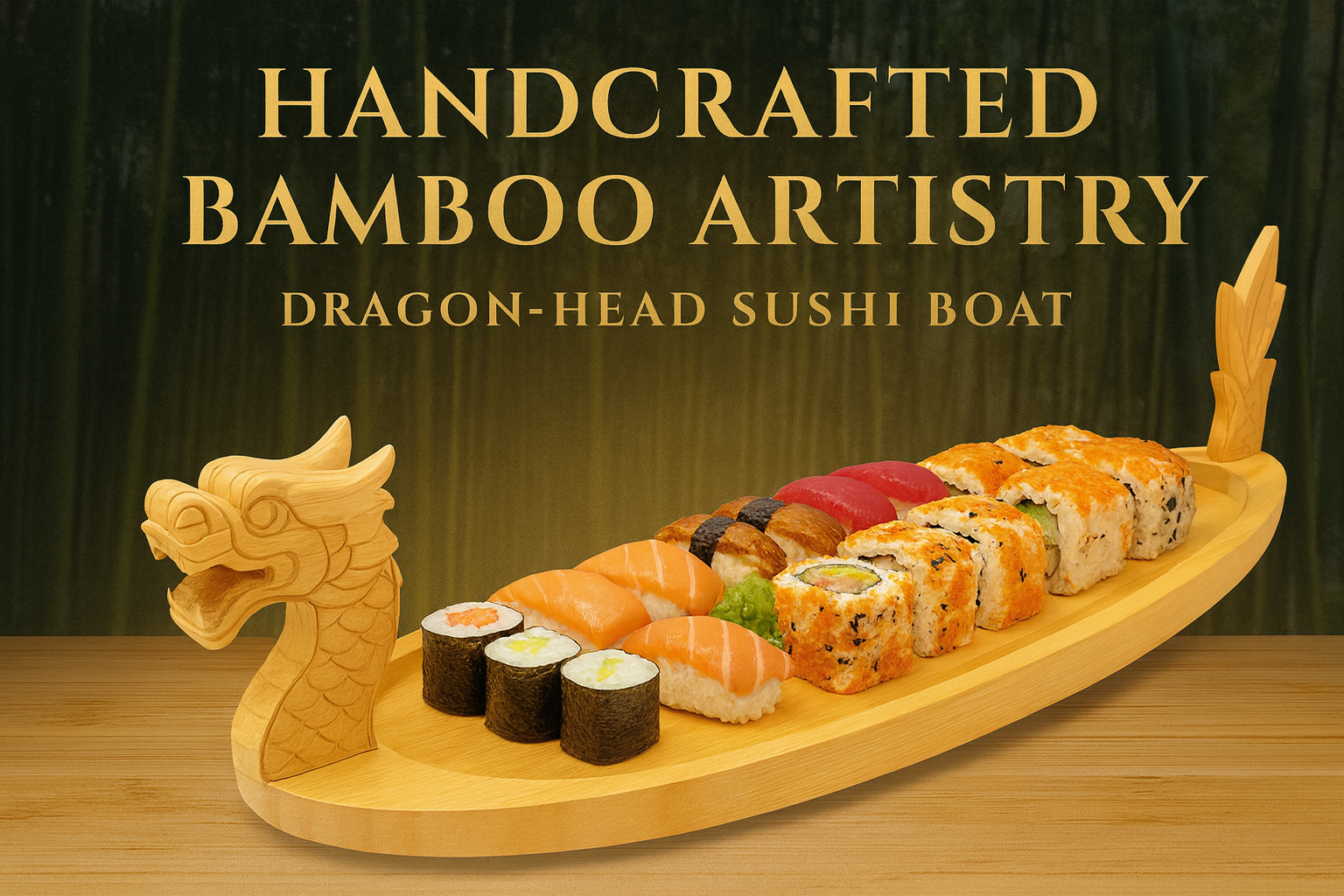 19.7" Bamboo Dragon Sushi Boat – Hand-Carved Sushi Serving Tray for Home, Parties & Appetizers