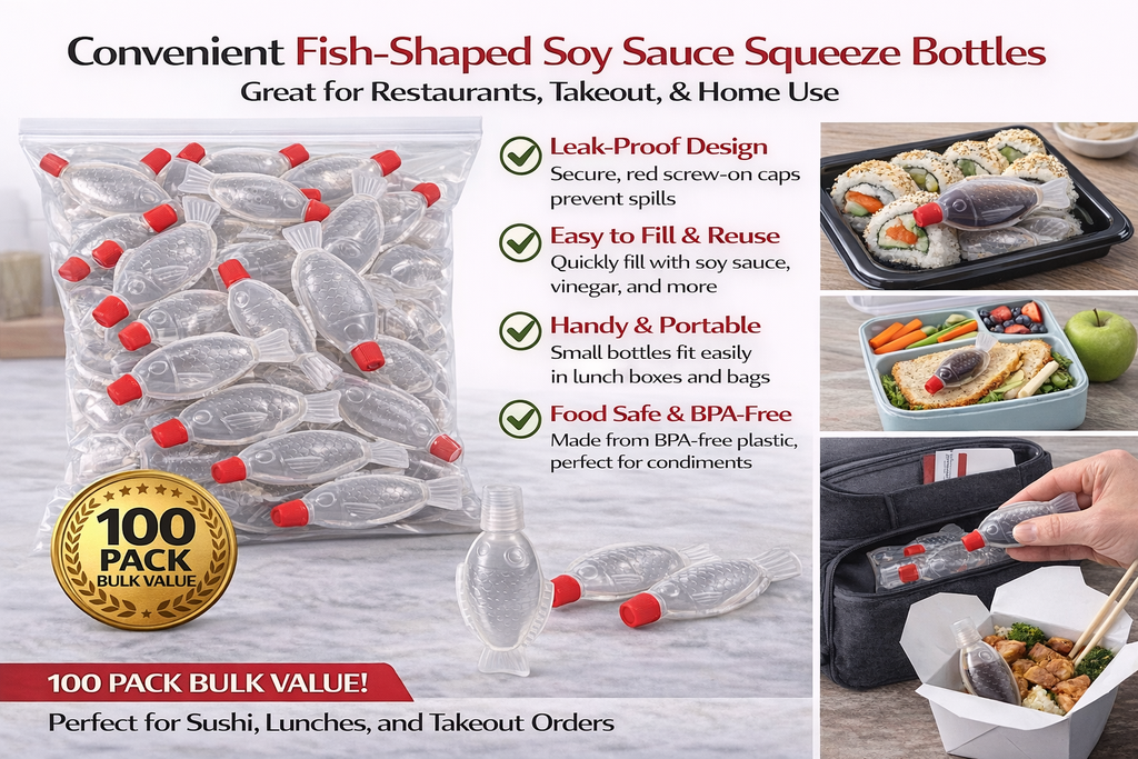100 Pack Fish-Shaped Soy Sauce Squeeze Bottles – 8ml Mini Condiment Containers with Leak-Proof Caps, Refillable Plastic Sauce Bottles for Sushi, Bento & Takeout