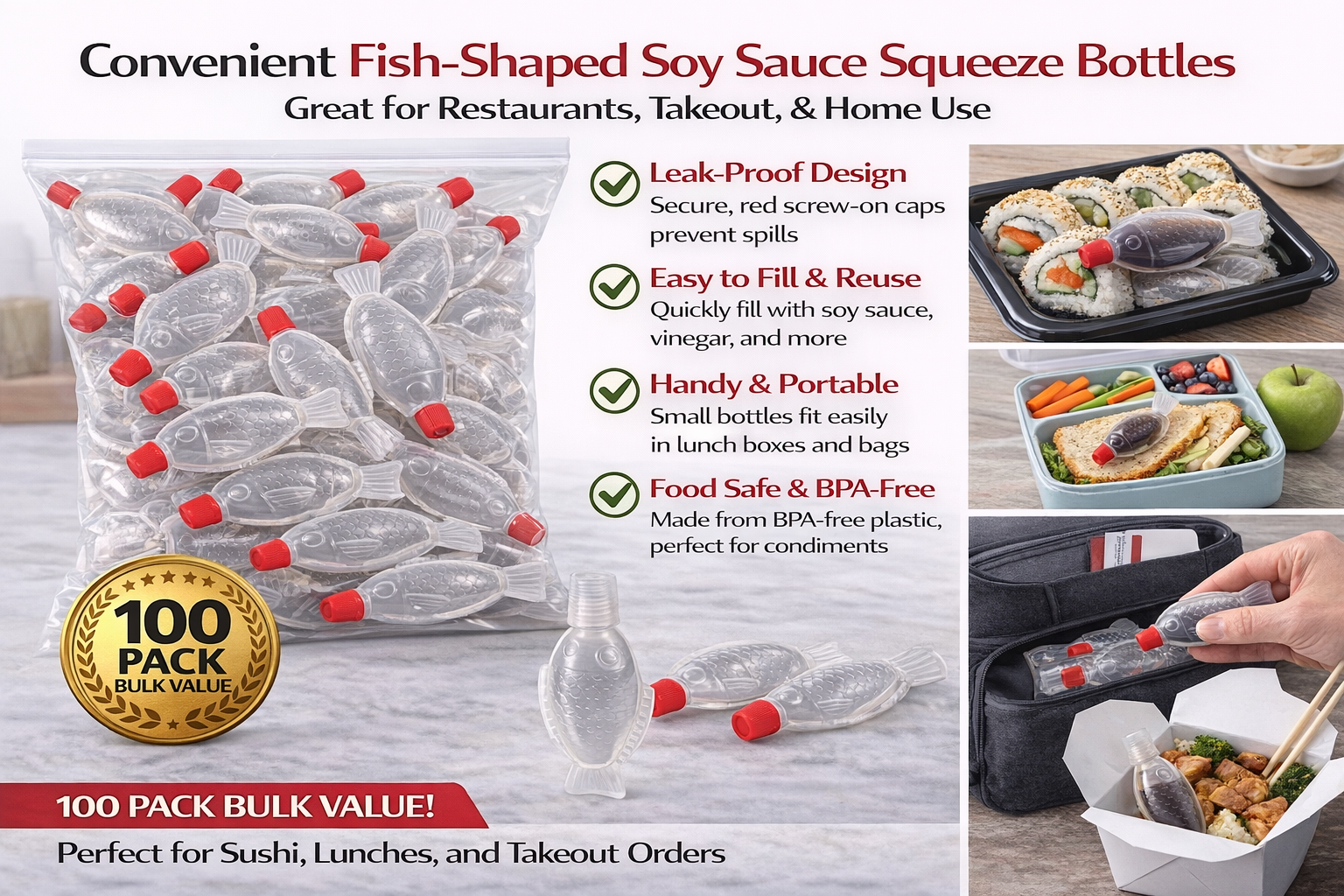 100 Pack Fish-Shaped Soy Sauce Squeeze Bottles – 8ml Mini Condiment Containers with Leak-Proof Caps, Refillable Plastic Sauce Bottles for Sushi, Bento & Takeout