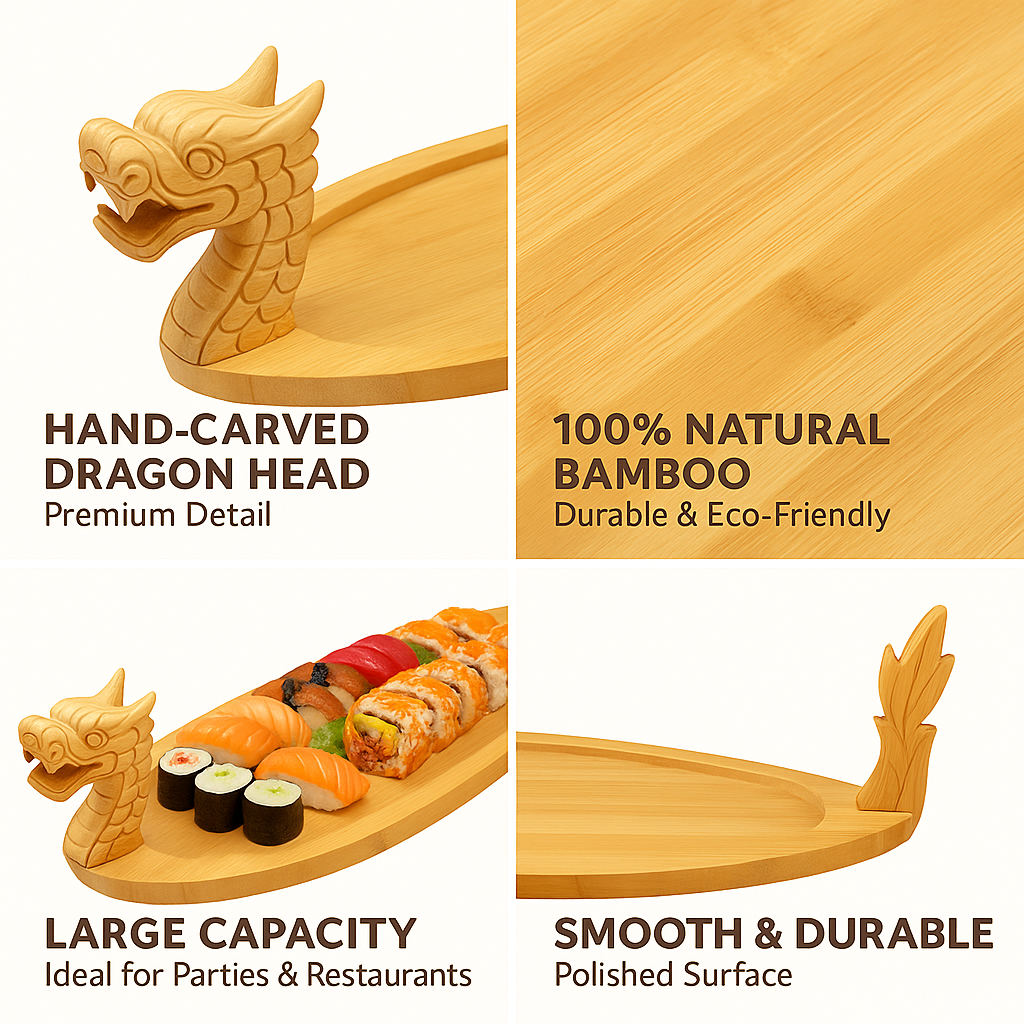 19.7" Bamboo Dragon Sushi Boat – Hand-Carved Sushi Serving Tray for Home, Parties & Appetizers