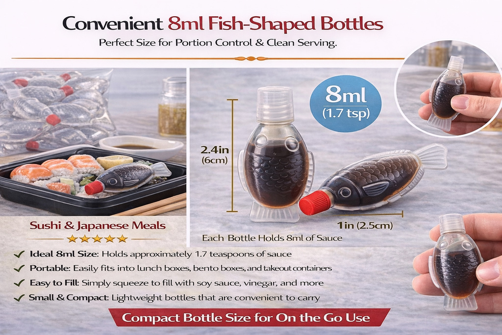 100 Pack Fish-Shaped Soy Sauce Squeeze Bottles – 8ml Mini Condiment Containers with Leak-Proof Caps, Refillable Plastic Sauce Bottles for Sushi, Bento & Takeout