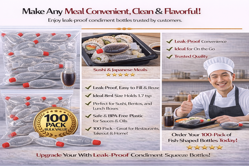 100 Pack Fish-Shaped Soy Sauce Squeeze Bottles – 8ml Mini Condiment Containers with Leak-Proof Caps, Refillable Plastic Sauce Bottles for Sushi, Bento & Takeout