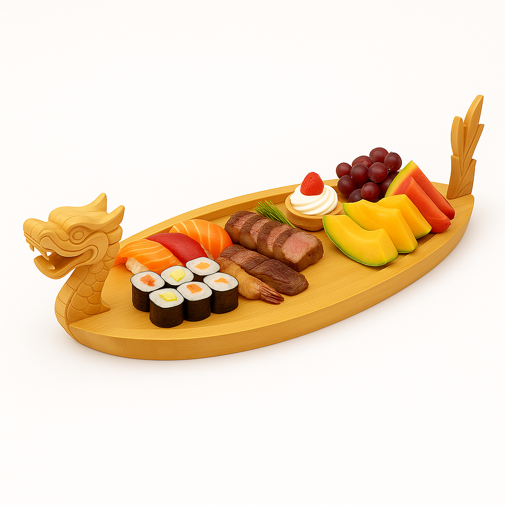 27.6" Bamboo Dragon Sushi Boat – Hand-Carved Wooden Sushi Serving Tray for 30–40 pcs, Large Party & Restaurant Display Platter